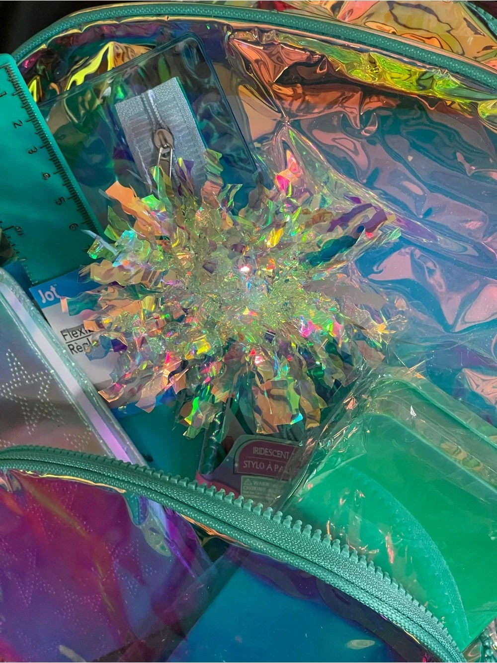 Holographic Teal Clear Backpack with Starry Wristlet